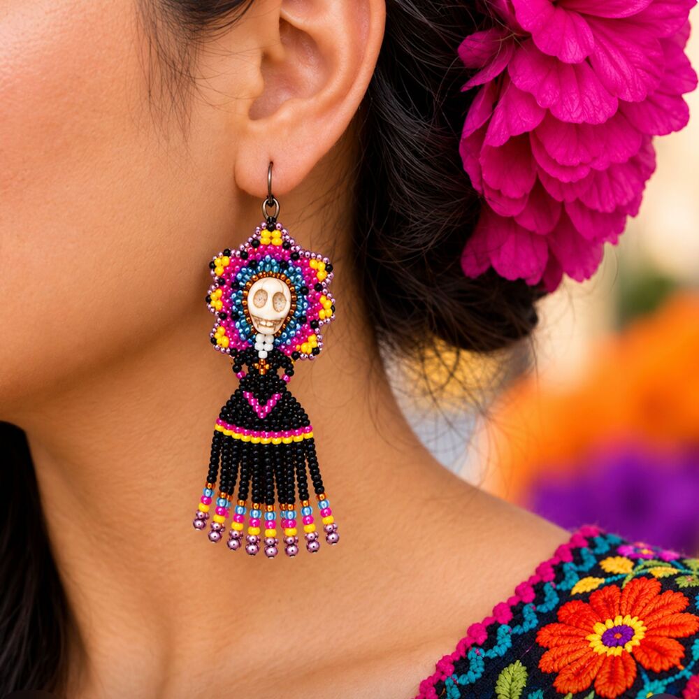 Catrina Day of the Dead Earrings, Fiesta Colors, Handmade Beaded Sugar Skull